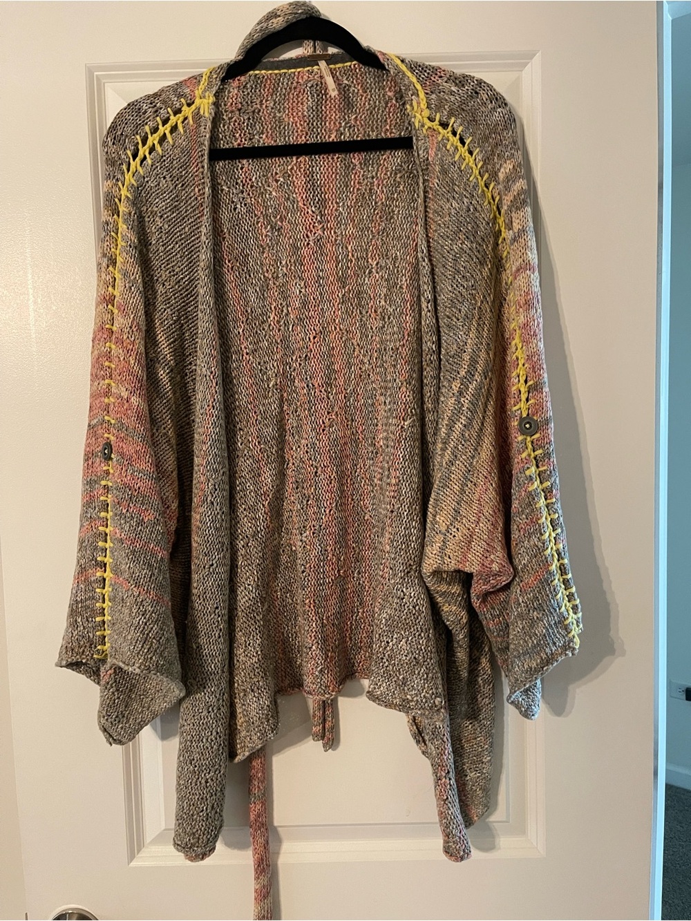 Free People Multicolor Knit Open-Front Cardigan with Yellow Trim